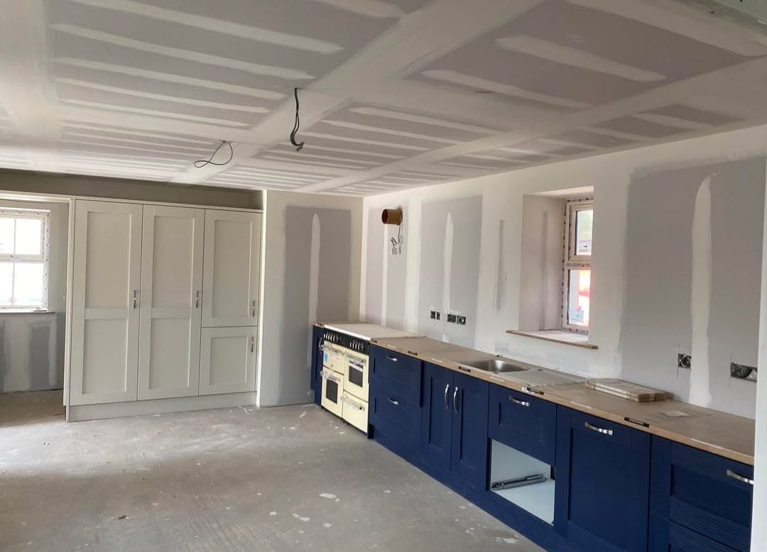 Dry lining and plasterboard installation in a modern Kitchen